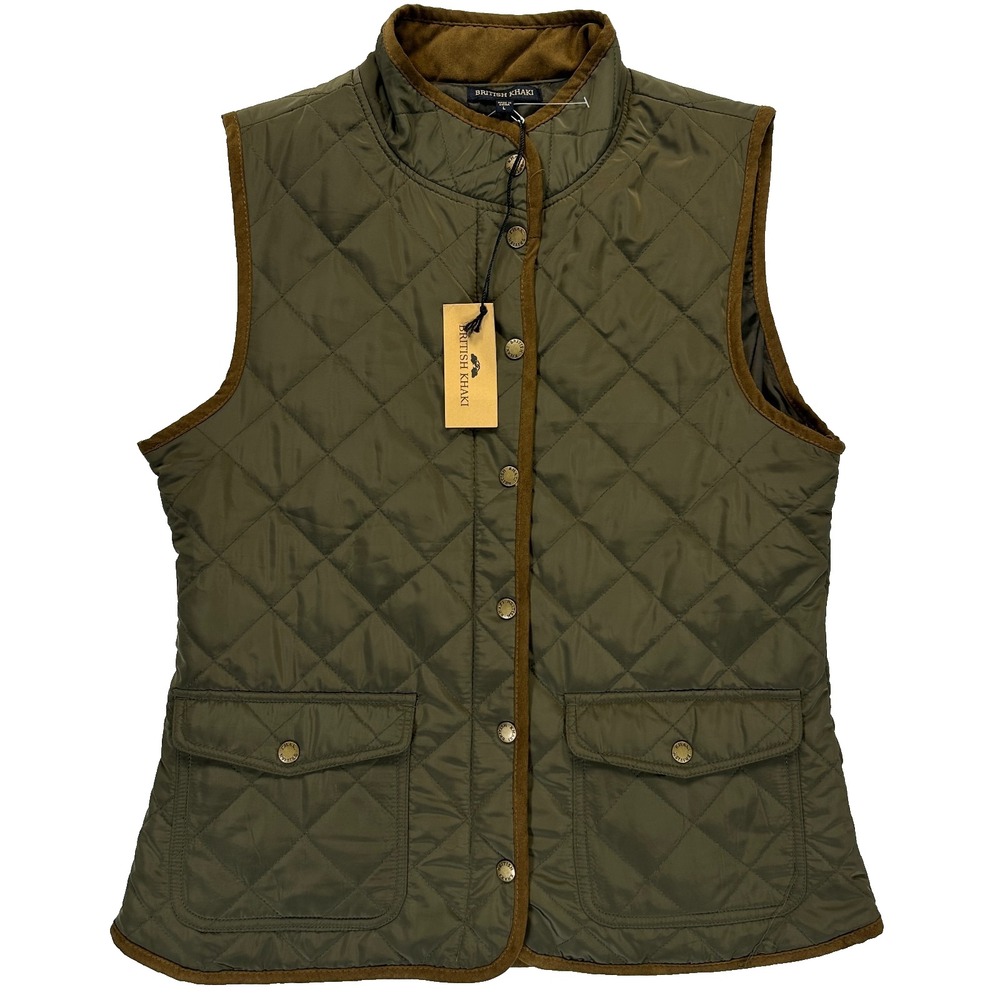 British Khaki Quilted Vest Womens Large Olive Green Snap Front Country Field